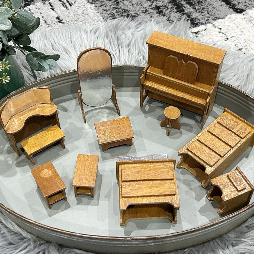 Vintage Handmade Primitive Wooden Doll House Furniture Piano Tables Chairs